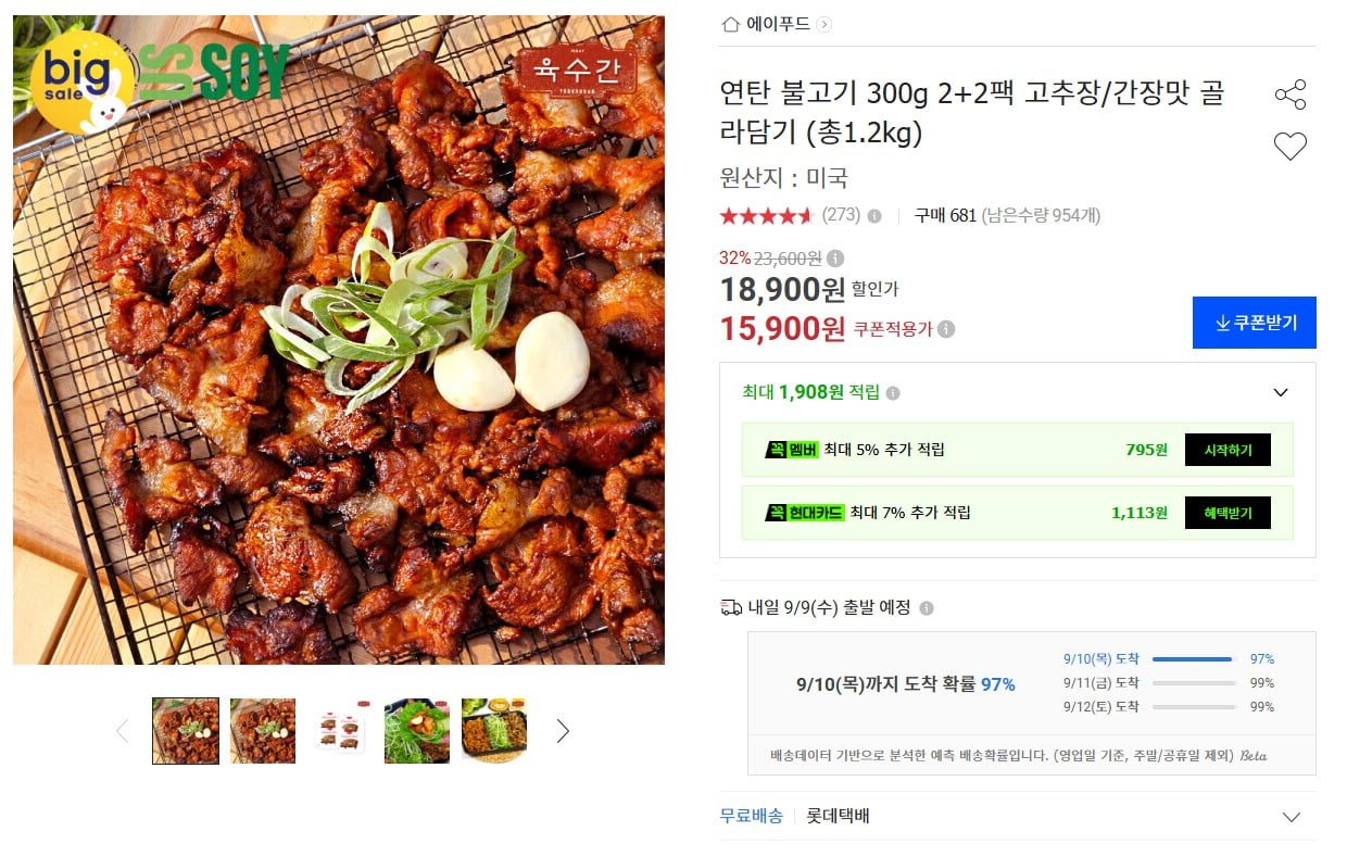 연탄 불고기 300g 2+2팩 (15,900원 / 무료)