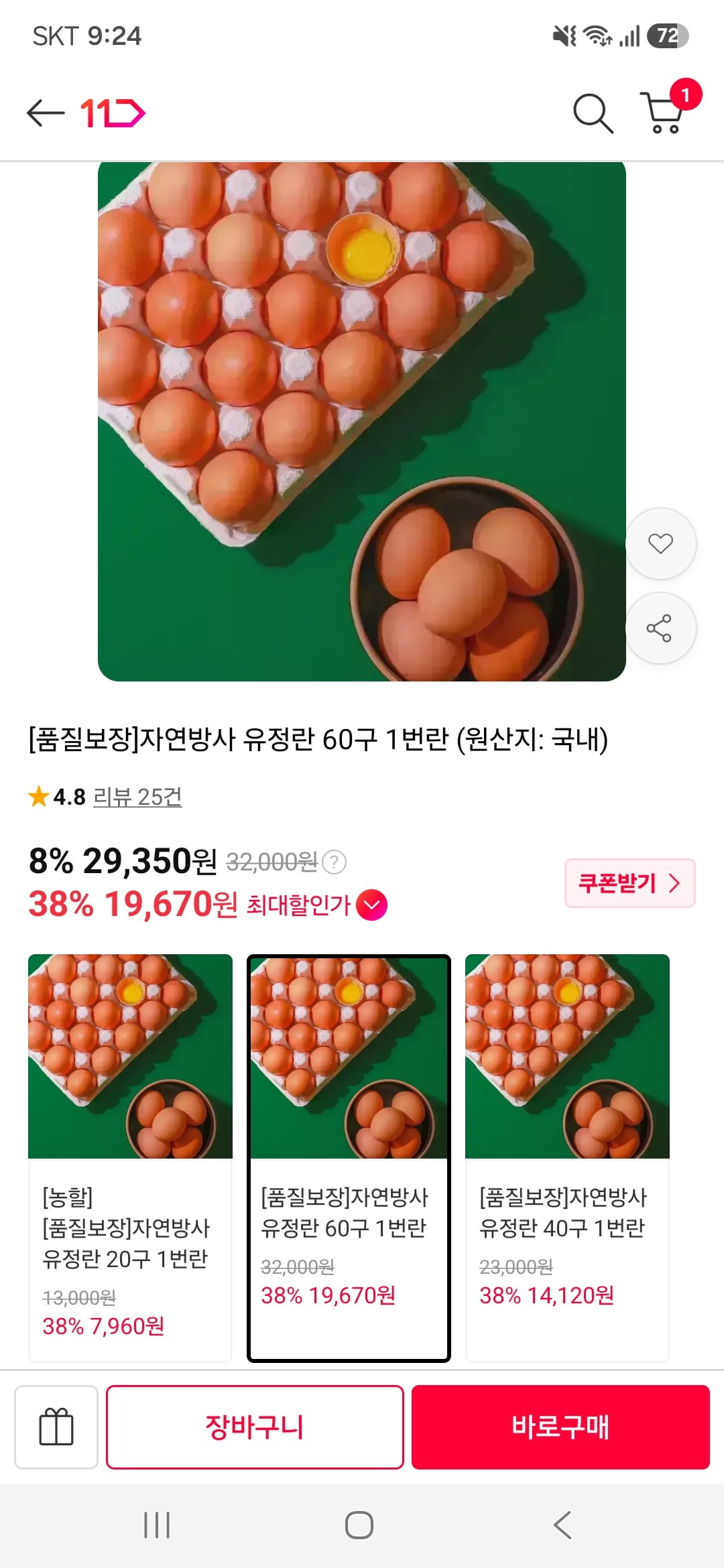 자연방사 유정란 60구 1번란 (20,550원/무료)