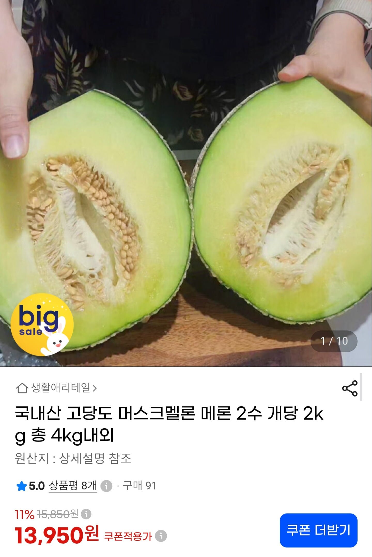 국내산 머스크멜론 2수 4kg (13,950원/무료배송)