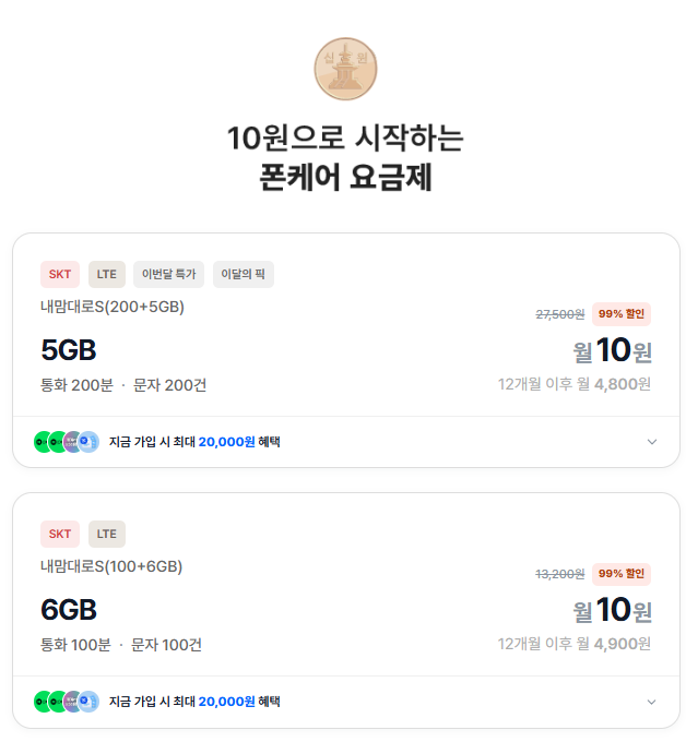 SKT망 알뜰폰 200분 5GB +휴대폰보험 (10원 /무료)