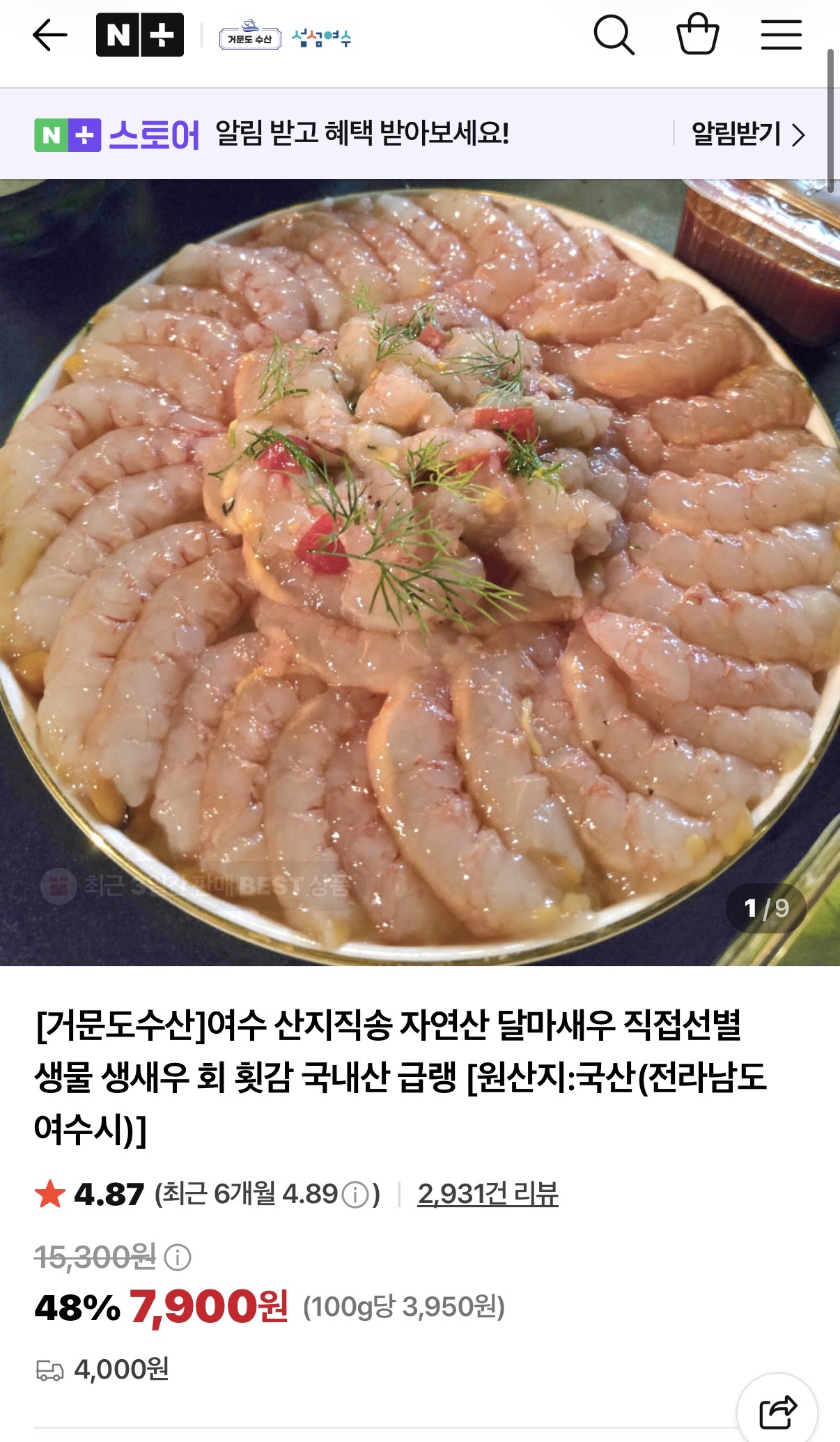 여수 산지직송 자연산 직접선별 생물달마새우 대 500G (15,000원/4,000원)