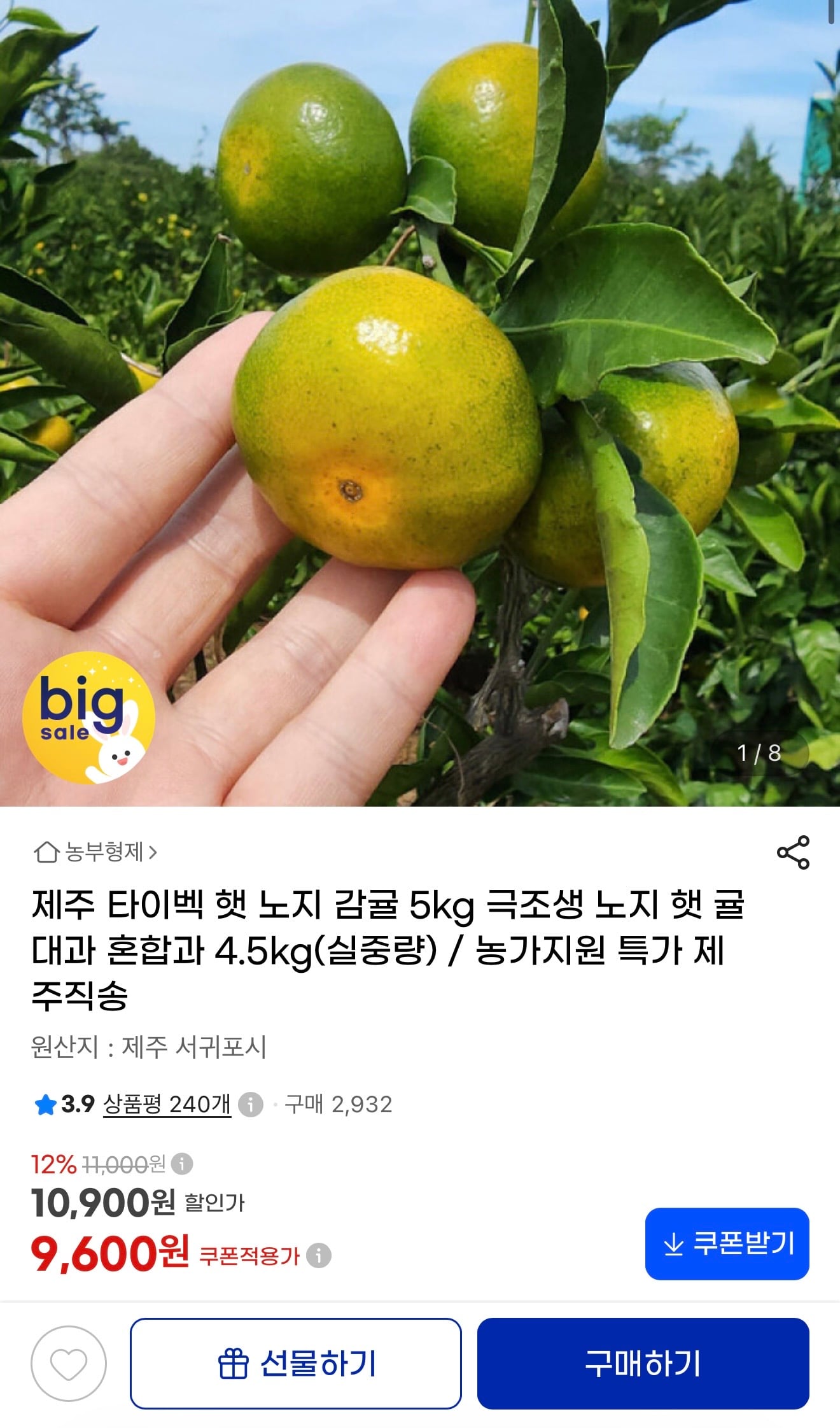 제주 타이벡 햇 노지 감결 4.5kg 9600원