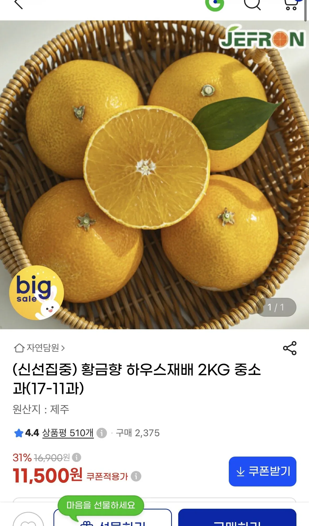 황금향 (11-17과) 중소과 2kg (11,500원/무료)