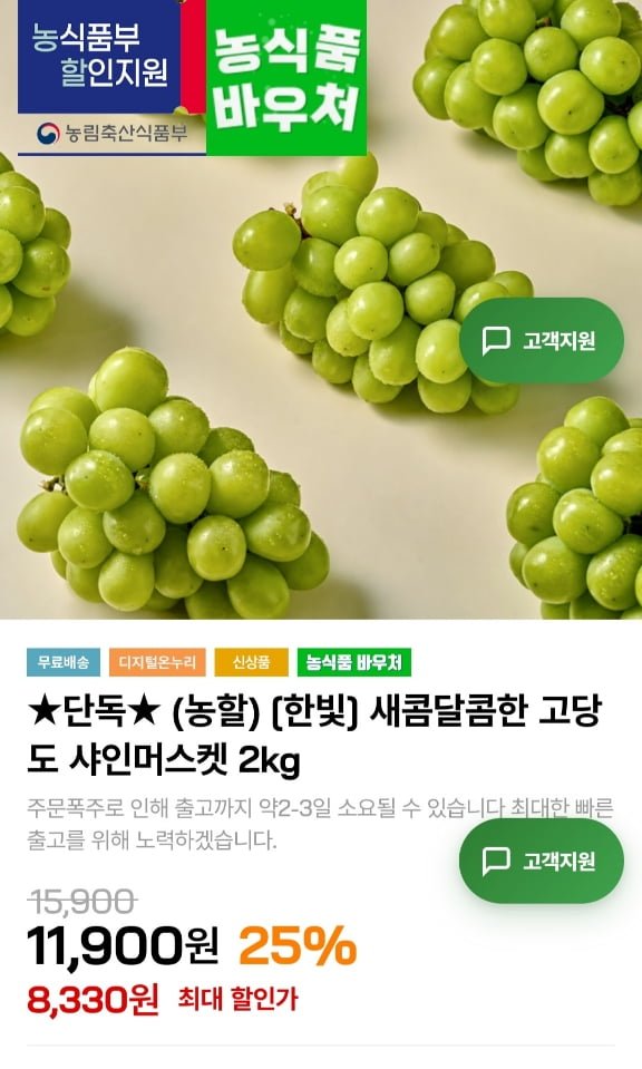 고당도 샤인머스켓 2kg 4수 (8,960원/무료)