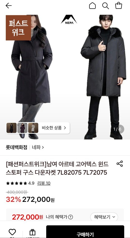 네파 남여공용 아르테 고어텍스 구스 다운자켓 (272,000원/무료)