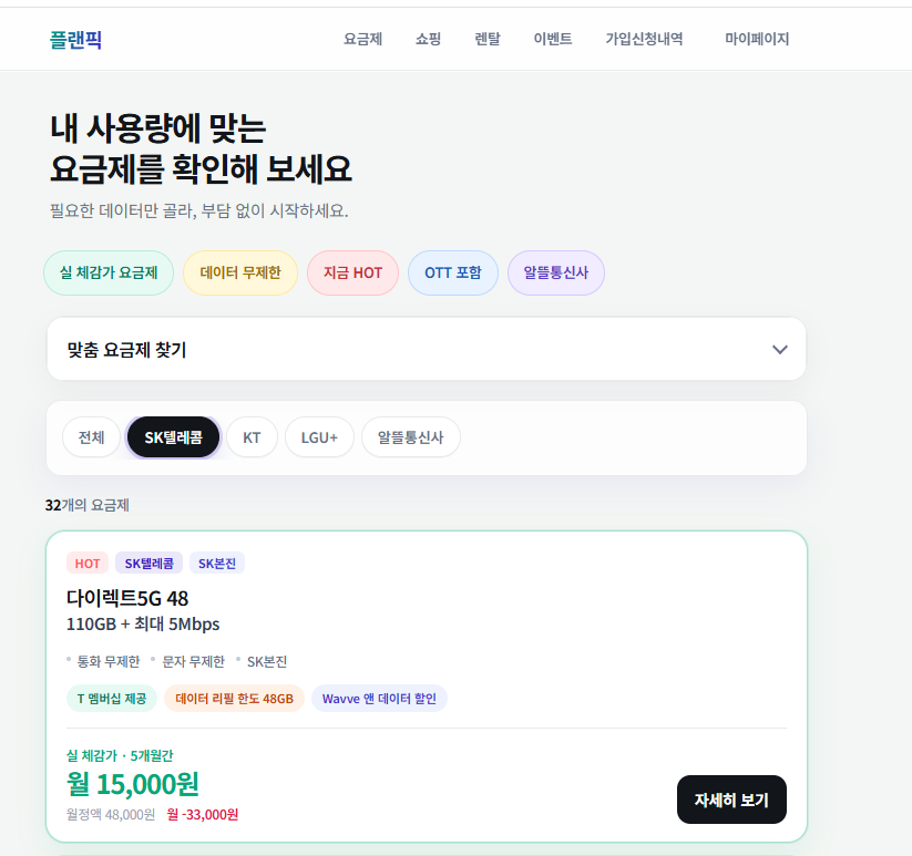 플랜픽 다이렉트 48 / 0청년 48 (첫달 전액환급/체감가 1.5만/무약정)
